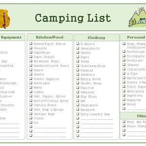Camping Trip Packing List and Meal Plan Printable Bundle