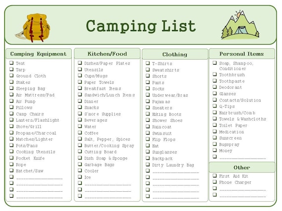 Camping Trip Packing List and Meal Plan Printable Bundle