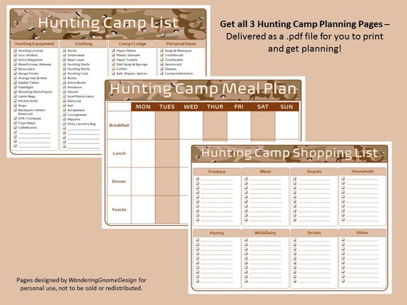 Hunting Camp Trip Packing List and Meal Plan Printable Bundle