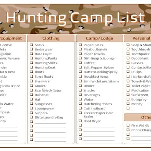 Hunting Camp / Trip Packing List and Meal Plan Printable Bundle