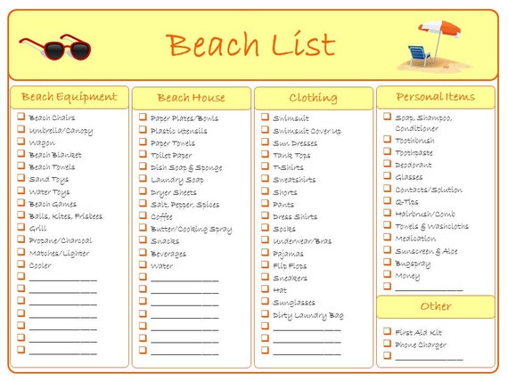 beach trip packing and shopping list printable bundle etsy