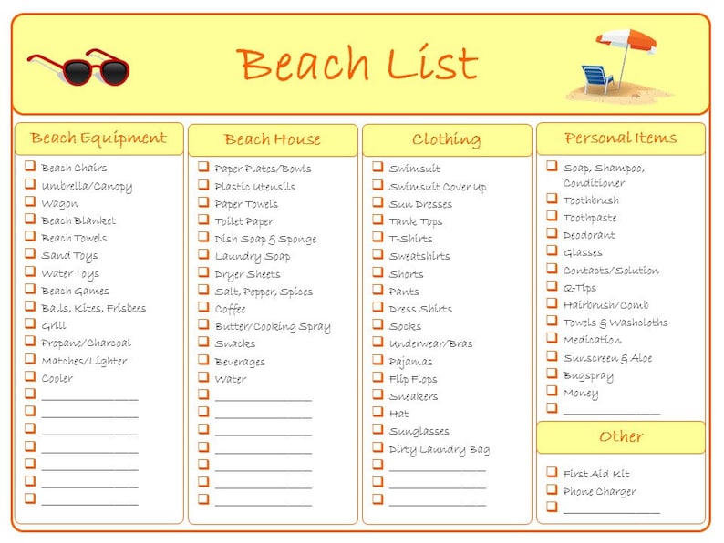 beach trip packing and shopping list printable bundle etsy