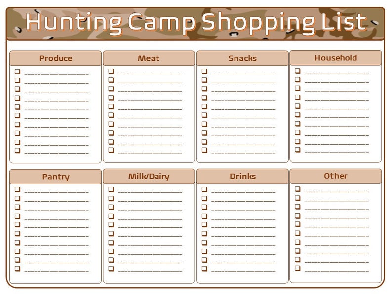 Hunting Camp / Trip Packing List and Meal Plan Printable Bundle Etsy