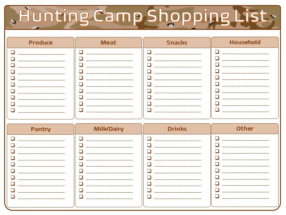 Hunting Camp Trip Packing List And Meal Plan Printable, 60 OFF