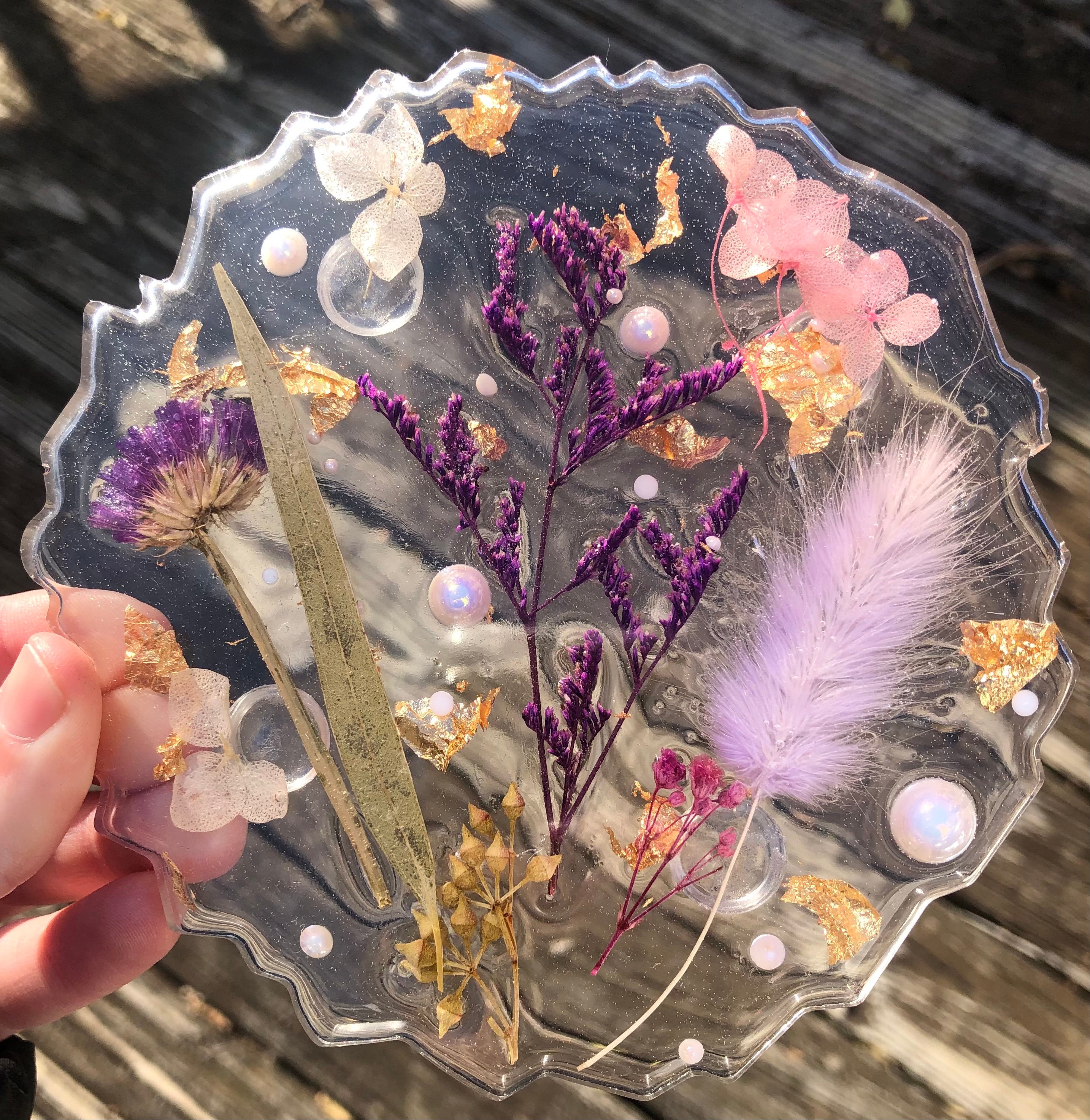Resin Dried Flower Coasters / Silver or Gold Flake Options Etsy