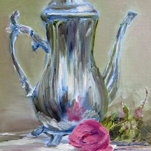 May include: Oil painting of a silver teapot with a blue and gray color scheme, a curved handle, and a decorative lid. A pink rose and green foliage are in the foreground. The artwork is signed in the bottom right corner.