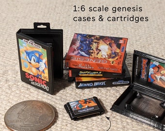 Mini Genesis games and cases in 1:6 and 1/3 scale, retro gaming video game prop