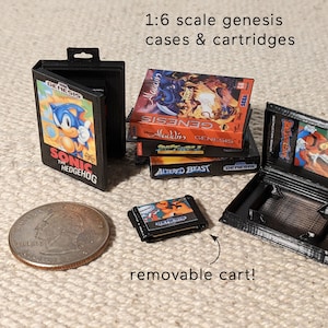 Mini Genesis games and cases in 1:6 and 1/3 scale, retro gaming video game prop