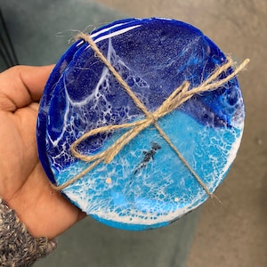 Ocean Style Resin Wood Coasters | Ocean design wt dark blue, turquoise colors | Beach Wedding | Housewarming | Beach House | Coastal Decor