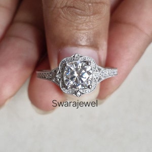 Cushion Cut Moissanite Engagement Ring: 14K Gold Bridal Ring