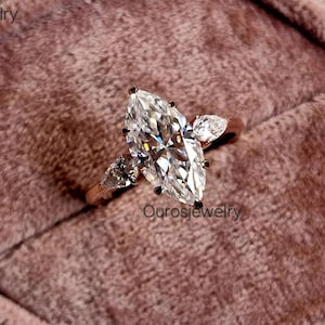 Marquise Cut Cubic Zirconia Engagement Ring: 14K Gold Three Stone Bridal Ring