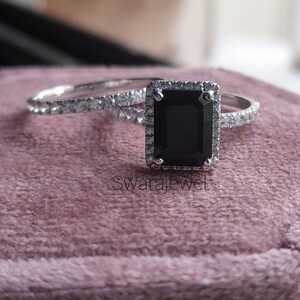 Black Emerald Wedding Ring Set: Minimalist Cubic Zirconia Bridal Ring