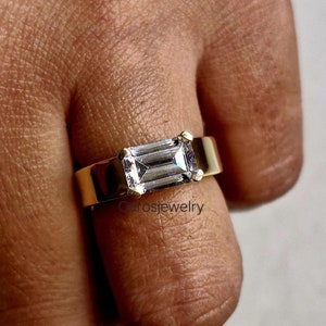 Emerald Cut Moissanite Engagement Ring: 14K Gold Solitaire Wedding Ring