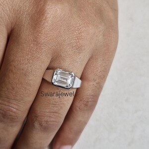 Antique Art Deco Emerald Cut Moissanite Ring: Bezel Set