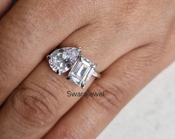 Toi Et Moi Ring: Pear & Emerald Cut Cubic Zirconia, Handmade