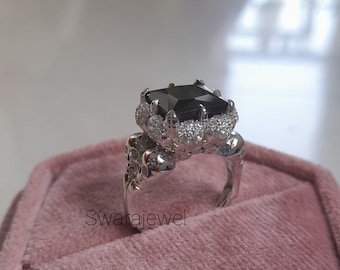 Black Princess Cut CZ Skull Ring: Punk Wedding Engagement