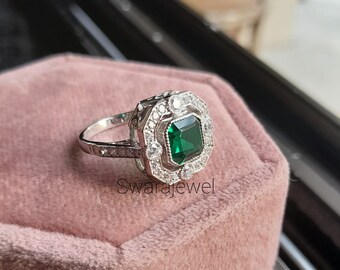 Green Cubic Zirconia Ring: Art Deco Silver Wedding Ring