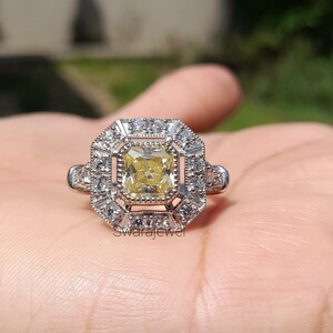 Art Deco Asscher Cut Ring: Silver Promise Ring with Light Yellow Cubic Zirconia