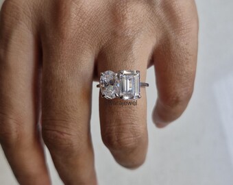 Toi Et Moi Ring: Pear & Emerald Cut Cubic Zirconia, Handmade