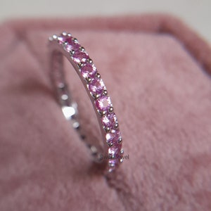 Pink Cubic Zirconia Full Eternity Band, 14K White Gold Stackable Ring