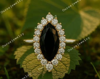 Back Marquis Onyx Halo Ring: Minimalist Gold Fine Jewelry,Moissanite Marquise