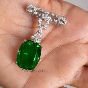 Art Deco Green Cubic Zirconia Brooch: Sterling Silver Drop Brooch