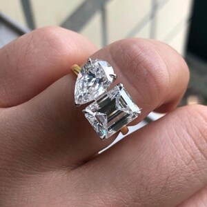 Toi Et Moi Ring,Two Diamond Daily Wear Ring, Pear and Emerald Cut Diamond Ring, Engagement Ring, Wedding Ring, You and Me Ring
