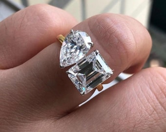 Toi Et Moi Ring: Pear & Emerald Cut Cubic Zirconia, Minimalist Design