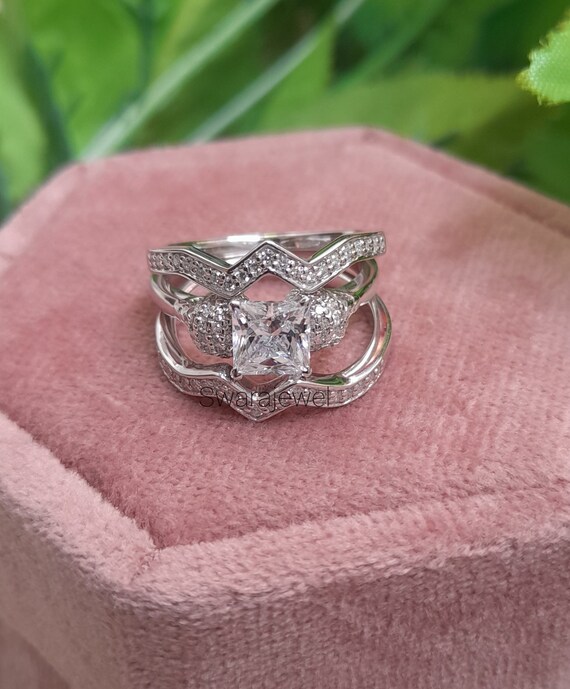 Princess Cut Diamond Skull Ring in Sterling Silver trio Engagement Ring Set silver Ring Set for Her two Skull Ring Set Etsy Australia