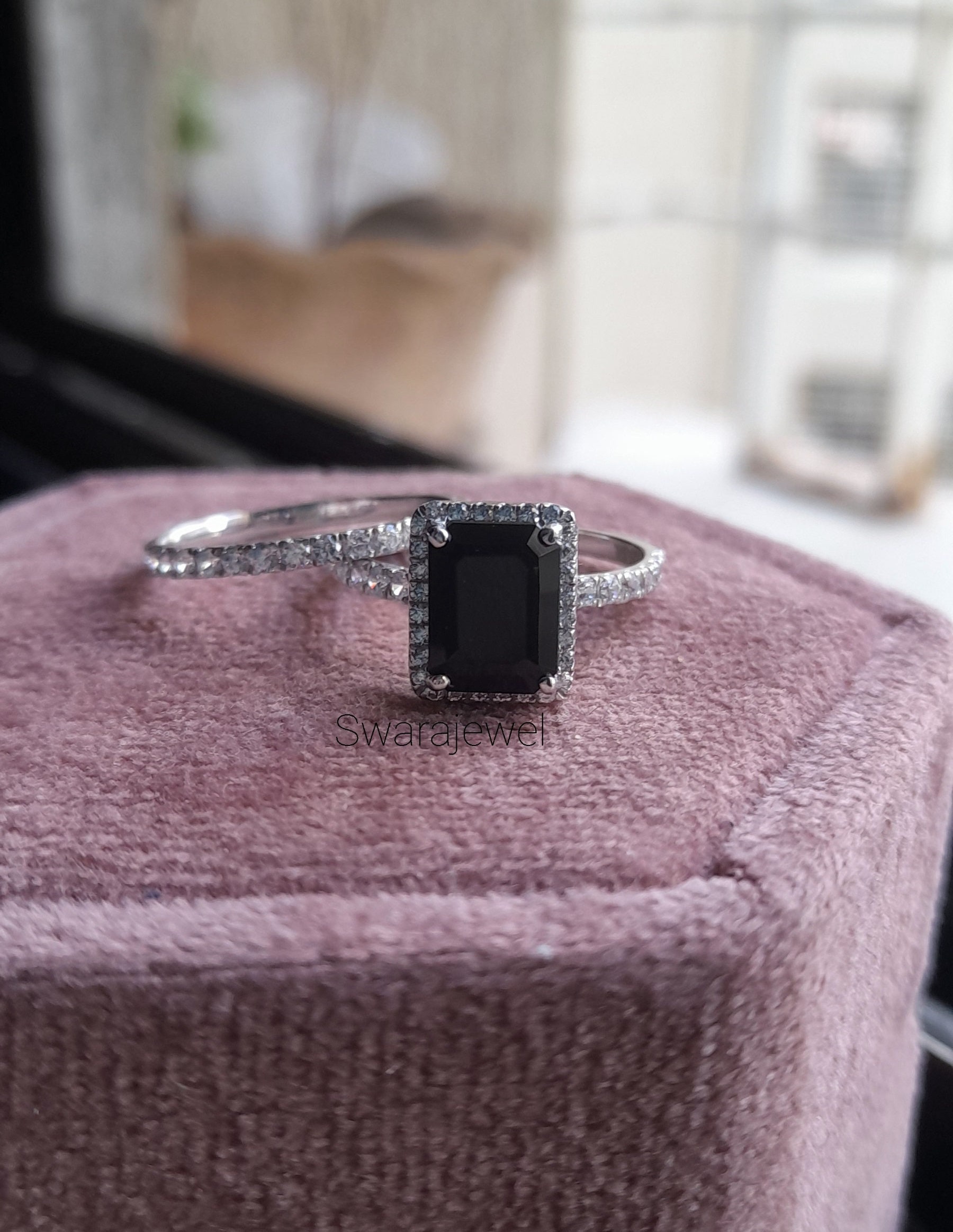 Black Emerald Wedding Ring Set: Minimalist Cubic Zirconia Bridal Ring
