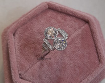 Two Stone Art Deco Ring, 3.0ct Round Cut Moissanite Diamond Engagement Ring, Vintage Inspired Wedding Ring, Unique Ring