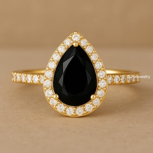 Black Pear Onyx Engagement Ring: Halo Gold Ring, Minimalist Style