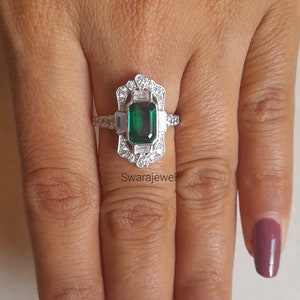Art Deco Green Emerald Ring: Cubic Zirconia Silver Wedding Ring