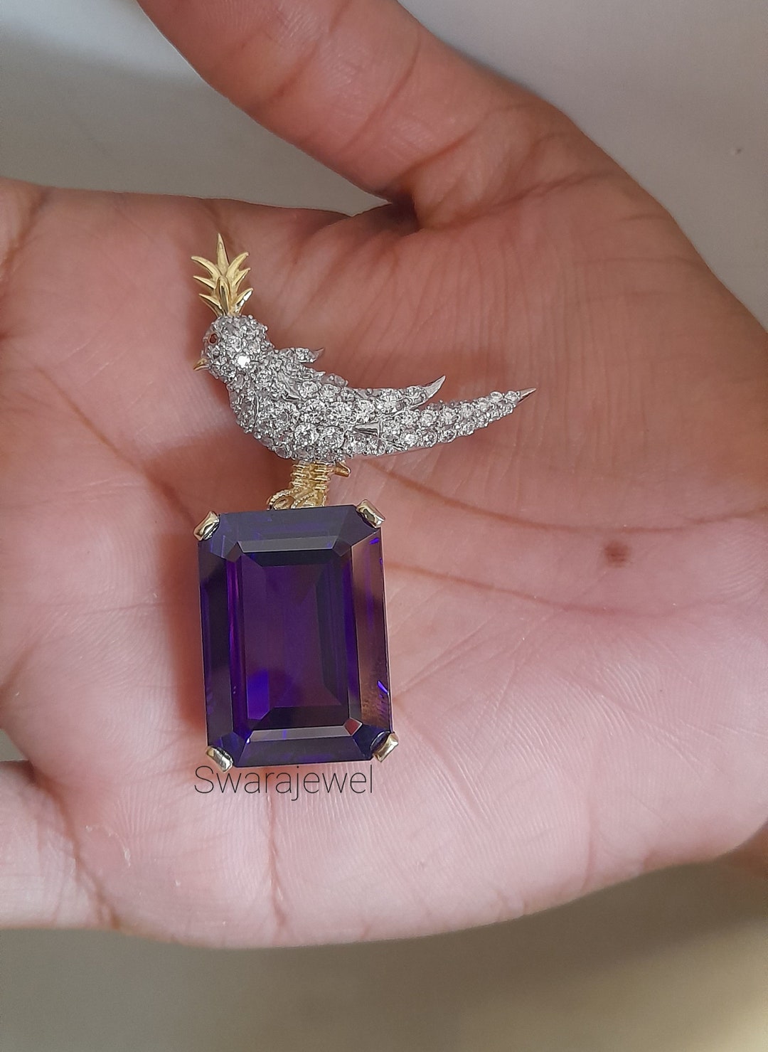 Broche Vintage Oiseau En Métal Argenté Avec Cristaux Blancs - Bijou Occasion (réf. J8)