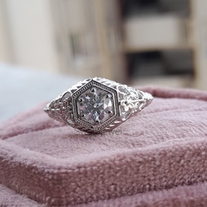 Art Deco Silver Engagement Ring: 1.00ct White Round Cut, Milgrain Promise Ring
