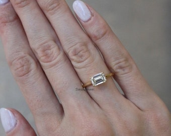 East West Emerald Cut Moissanite Diamond Engagement Ring, 14K Yellow Gold Wedding Ring, Anniversary Gift Ring