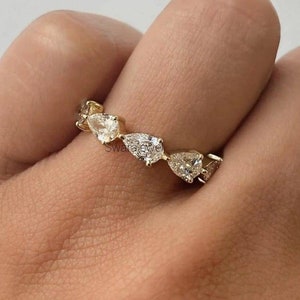 Pear Cut Moissanite Diamond Ring, Half Eternity Wedding Ring,Matching Stacking Band,Bridal Ring Band,14K Gold Ring,Woman Ring