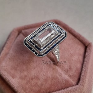 Art Deco Emerald Cut Ring: Silver Sapphire Baguette Halo Ring