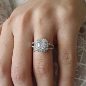 Art Deco Asscher Cut CZ Engagement Ring: Vintage Style Silver Wedding Ring