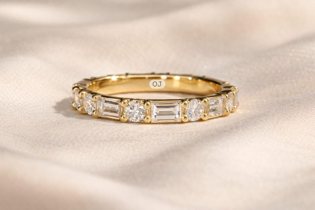 14K Gold Wedding Band, Stackable Band, Baguette and Round Diamond Band ...
