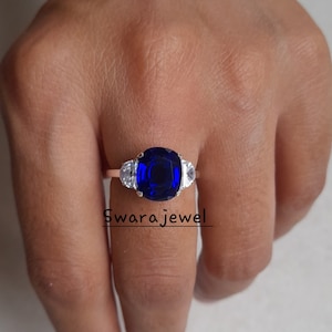 Sapphire Cushion Cut Lab Created Diamond Ring,Three Stone Wedding Ring, Anniversary Gift, Promise Ring