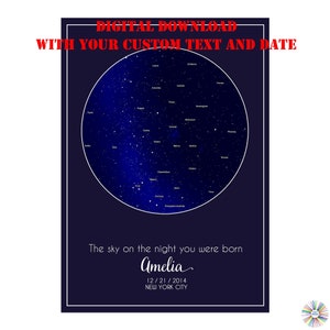 Digital collage Stars constellations with your name, date, text, gift for a newborn baby, sky map