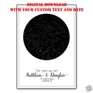 Collage digital Estrellas constelaciones con sus nombres, fecha, texto, regalo de amor para una boda o aniversario, mapa del cielo