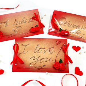 Envelope de cartão de presente de saudação escrito à mão personalizado, ocasião de amor, presente de casamento, seu texto nele