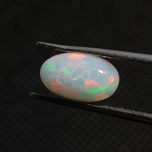 May include: A white oval opal gemstone with green and red flashes of color. The opal is held in tweezers.