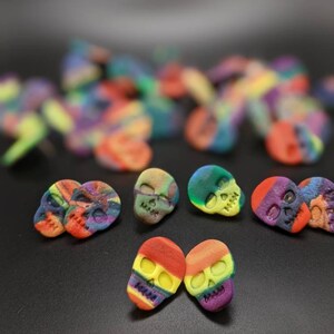 Tie-Dye Rainbow Skull Studs: lightweight polymerclay earrings with nickel-free backings.
