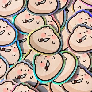 Pegatinas de bola de masa hervida lindas / Comida kawaii / Brillantina holográfica / Resistente al agua / Planificador de diario, computadora portátil, botella de agua / Papelería de anime