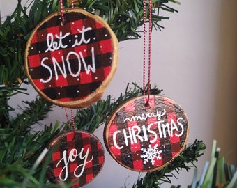 Wood Slice Buffalo Plaid Christmas Ornaments