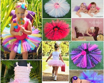 May include: A collage of images featuring various tulle tutus in different colors and styles. The tutus are shown on children and babies, and some are displayed on their own. The tutus are made of soft, flowing tulle and are perfect for special occasions or everyday wear.