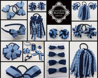 Navy Blue & Light Blue Bows Hair Accessories  Korker Pack Bow Elastic Korkers School Hair Ties